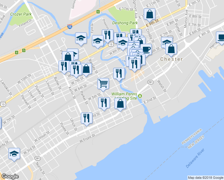 map of restaurants, bars, coffee shops, grocery stores, and more near 221 West 5th Street in Chester