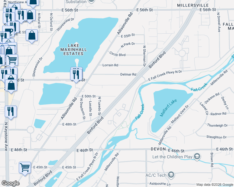 map of restaurants, bars, coffee shops, grocery stores, and more near 3437 East 50th Street in Indianapolis