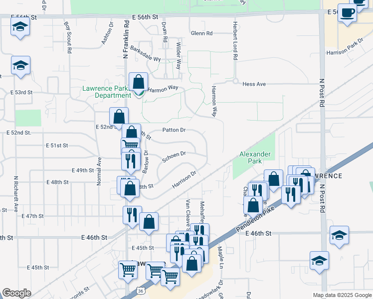 map of restaurants, bars, coffee shops, grocery stores, and more near 8260 Schoen Drive in Lawrence