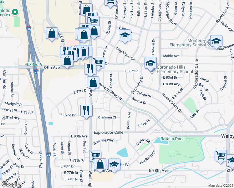 map of restaurants, bars, coffee shops, grocery stores, and more near 981 Coronado Parkway North in Denver