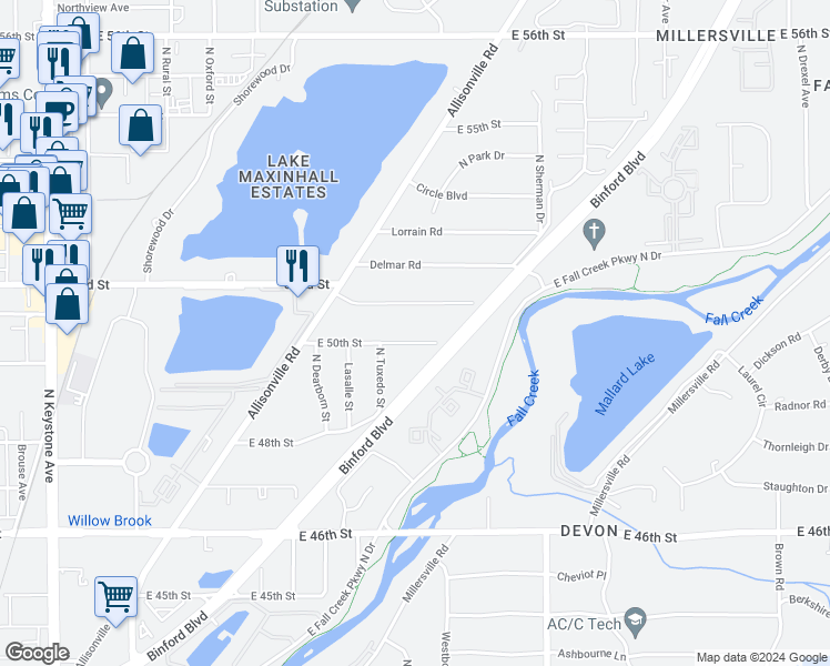 map of restaurants, bars, coffee shops, grocery stores, and more near 3456 East 50th Street in Indianapolis