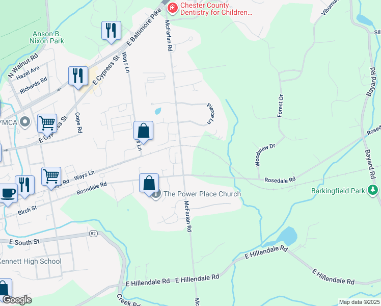 map of restaurants, bars, coffee shops, grocery stores, and more near 460 McFarlan Road in Kennett Square