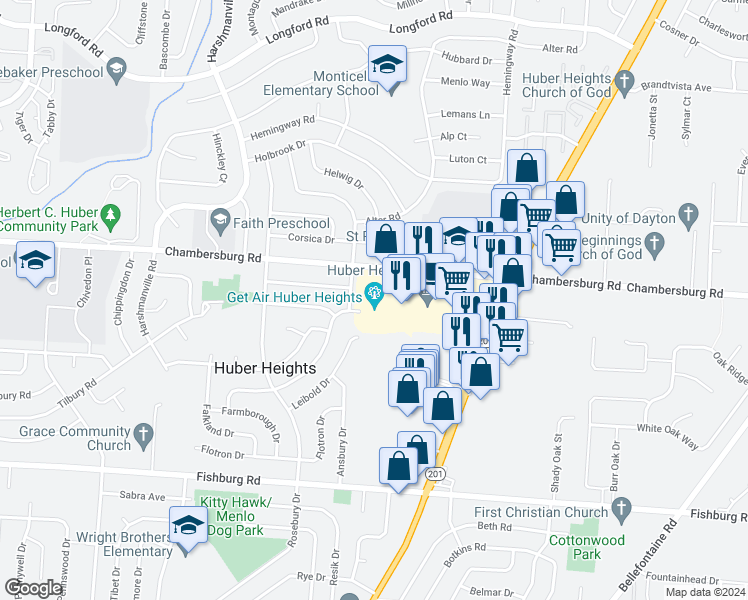 map of restaurants, bars, coffee shops, grocery stores, and more near 6020 Chambersburg Road in Dayton