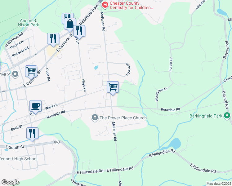map of restaurants, bars, coffee shops, grocery stores, and more near 460 McFarlan Road in Kennett Square