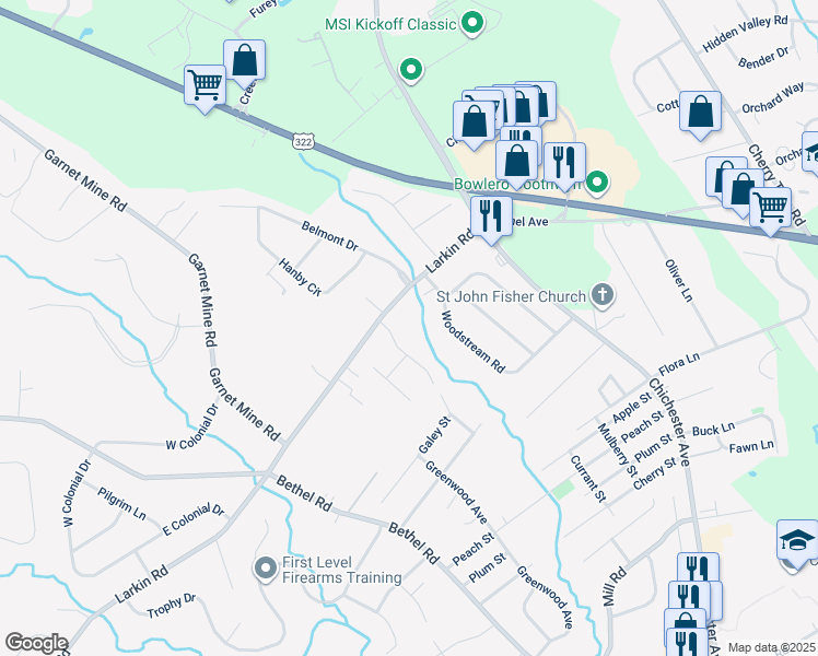 map of restaurants, bars, coffee shops, grocery stores, and more near 1675 Larkin Road in Boothwyn