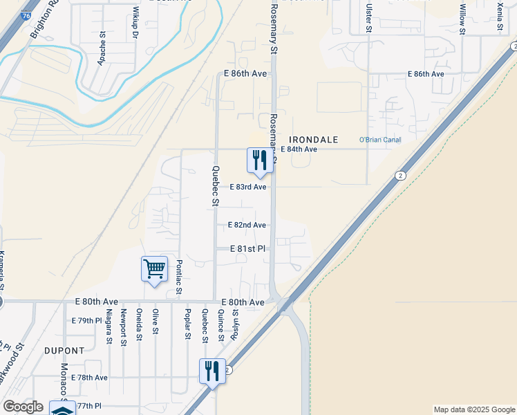 map of restaurants, bars, coffee shops, grocery stores, and more near 7480 East 82nd Place in Commerce City