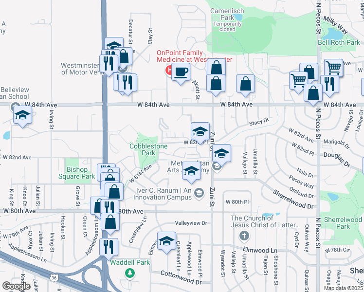 map of restaurants, bars, coffee shops, grocery stores, and more near 2552 West 82nd Lane in Westminster