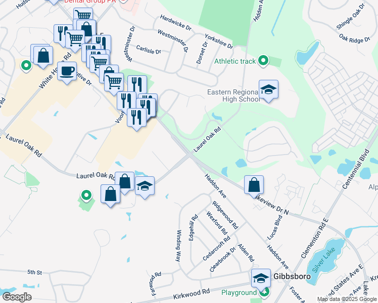 map of restaurants, bars, coffee shops, grocery stores, and more near 1100 Haddonfield Berlin Rd in Voorhees
