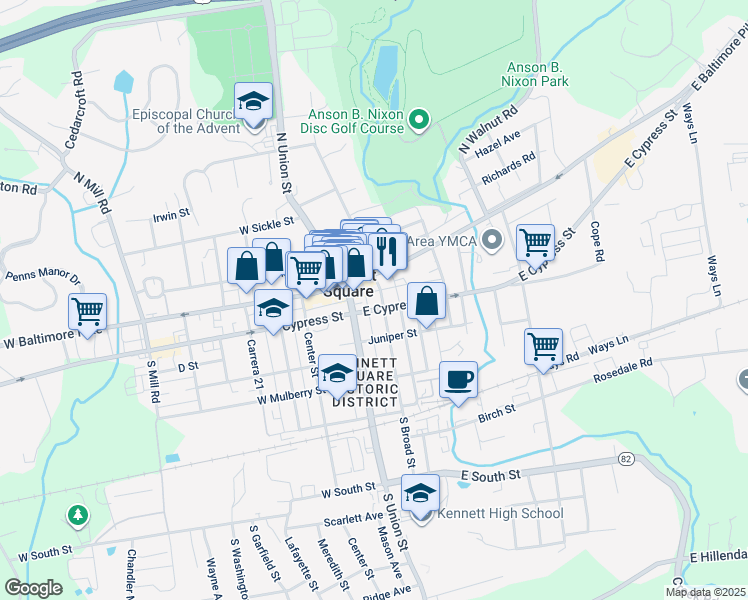 map of restaurants, bars, coffee shops, grocery stores, and more near 123 South Union Street in Kennett Square