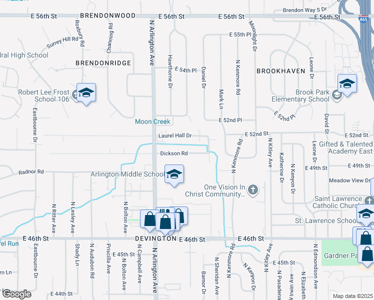 map of restaurants, bars, coffee shops, grocery stores, and more near 6058 Dickson Road in Indianapolis