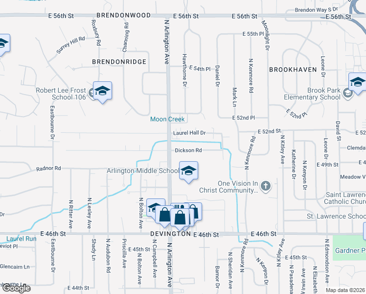 map of restaurants, bars, coffee shops, grocery stores, and more near 6028 Dickson Road in Indianapolis