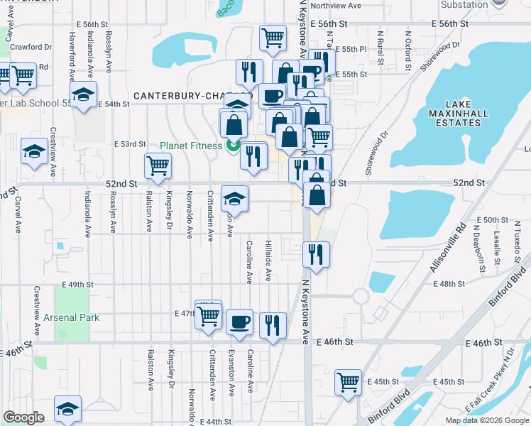 map of restaurants, bars, coffee shops, grocery stores, and more near 5121 Hillside Avenue in Indianapolis