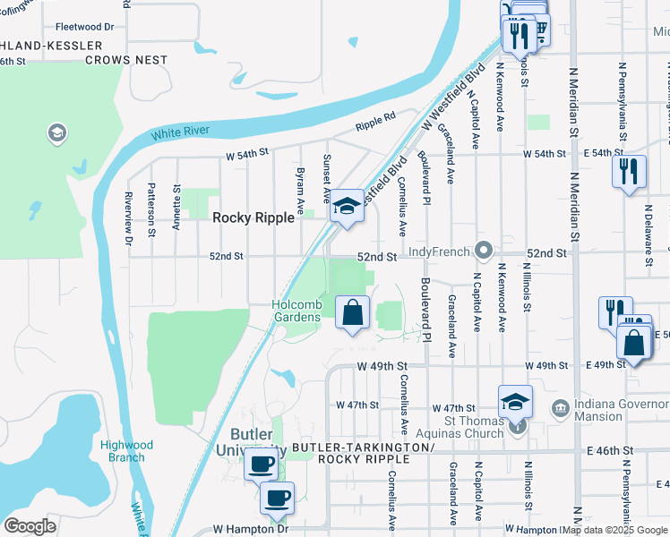 map of restaurants, bars, coffee shops, grocery stores, and more near 555 West 52nd Street in Indianapolis
