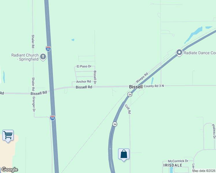 map of restaurants, bars, coffee shops, grocery stores, and more near 3526-3608 County Road 3 North in Springfield