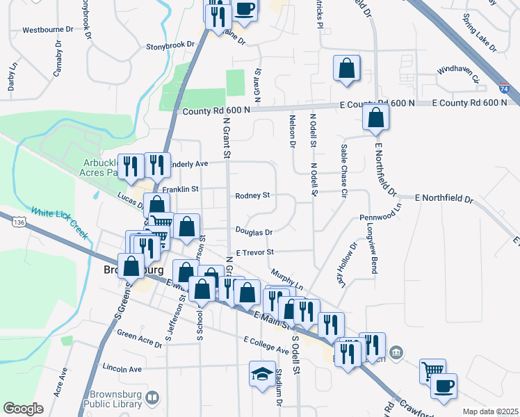 map of restaurants, bars, coffee shops, grocery stores, and more near 432 Enderly Avenue in Brownsburg