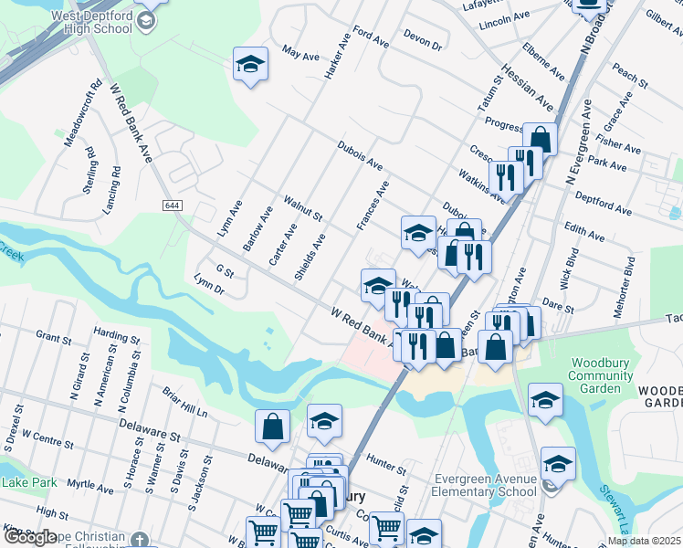 map of restaurants, bars, coffee shops, grocery stores, and more near 142 Oak Street in Woodbury