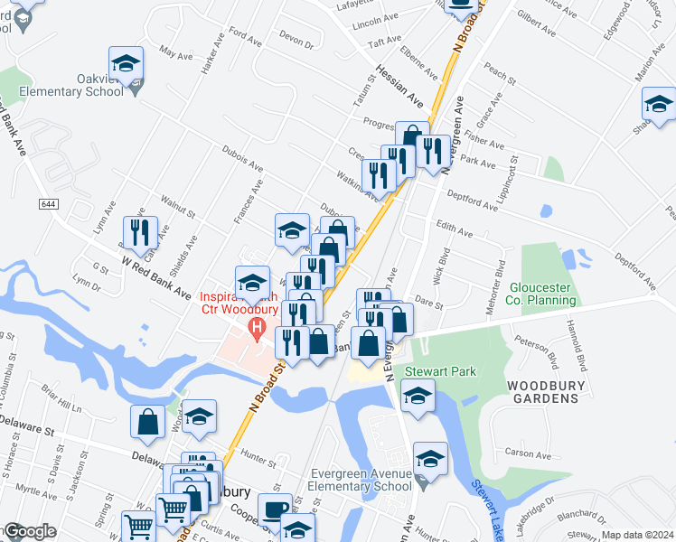 map of restaurants, bars, coffee shops, grocery stores, and more near 675 North Broad Street in Woodbury