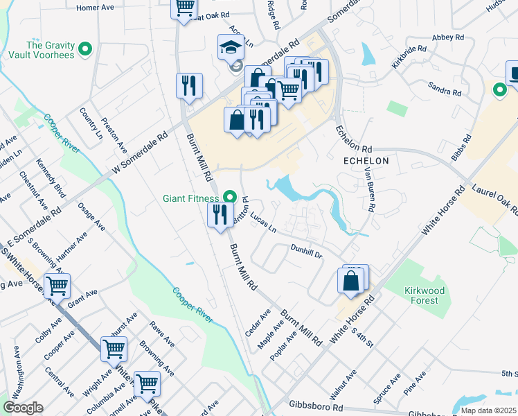map of restaurants, bars, coffee shops, grocery stores, and more near 2007 Lucas Lane in Voorhees Township