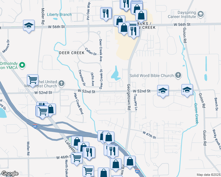 map of restaurants, bars, coffee shops, grocery stores, and more near 5226 Pinebrook Drive in Indianapolis