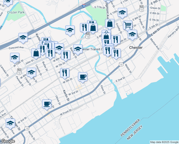 map of restaurants, bars, coffee shops, grocery stores, and more near 231 West 5th Street in Chester
