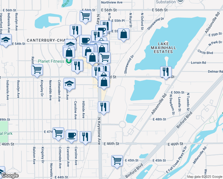map of restaurants, bars, coffee shops, grocery stores, and more near 5135 N Keystone Ave in Indianapolis