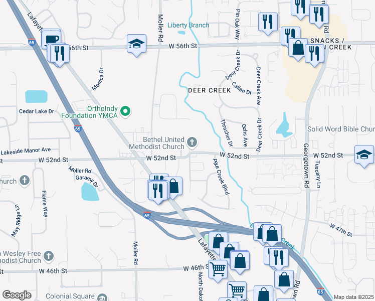 map of restaurants, bars, coffee shops, grocery stores, and more near 5252 West 52nd Street in Indianapolis