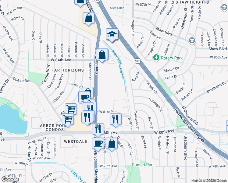 map of restaurants, bars, coffee shops, grocery stores, and more near 8202 Sheridan Boulevard in Westminster