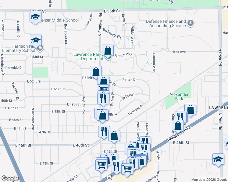 map of restaurants, bars, coffee shops, grocery stores, and more near 8104 East 49th Street in Indianapolis