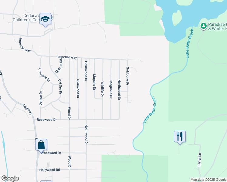 map of restaurants, bars, coffee shops, grocery stores, and more near 14784 Magnolia Drive in Magalia