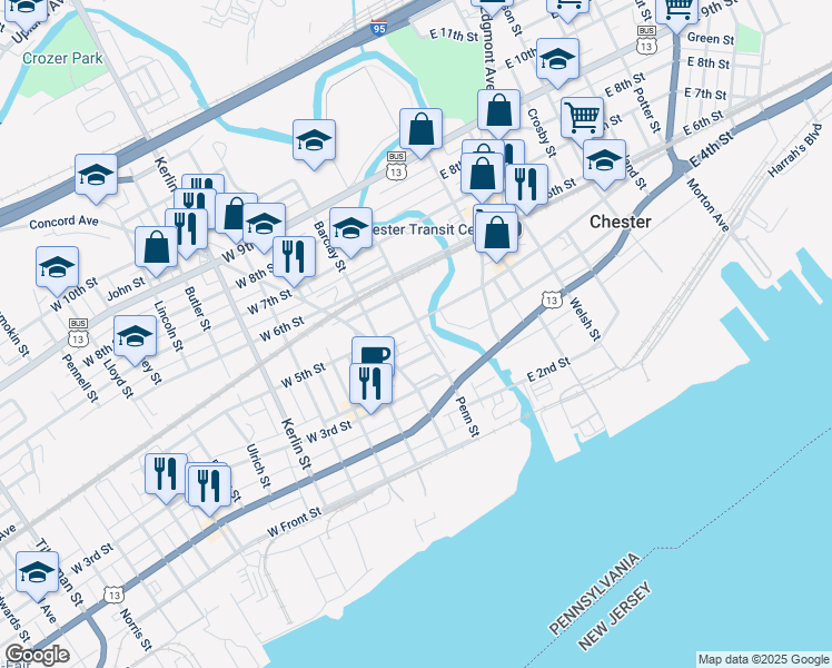 map of restaurants, bars, coffee shops, grocery stores, and more near 424 Penn Street in Chester