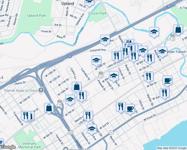 map of restaurants, bars, coffee shops, grocery stores, and more near 920 Pennell Street in Chester