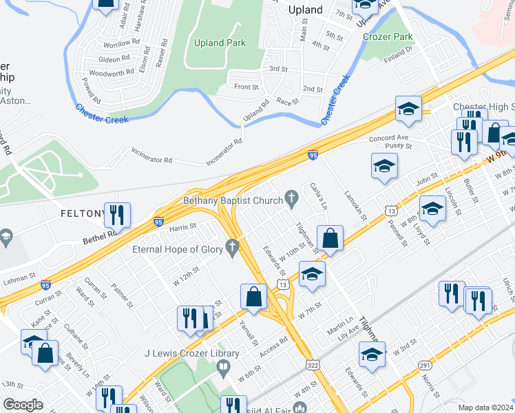 map of restaurants, bars, coffee shops, grocery stores, and more near 1228 Central Avenue in Chester