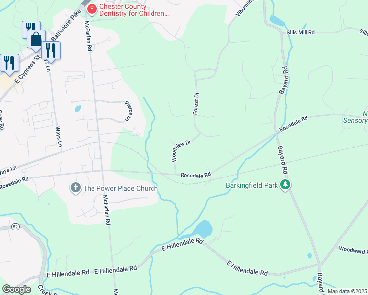 map of restaurants, bars, coffee shops, grocery stores, and more near 100 Woodview Drive in Kennett Square
