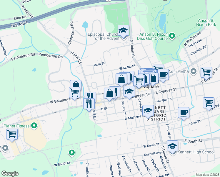 map of restaurants, bars, coffee shops, grocery stores, and more near 511 W State St in Kennett Square