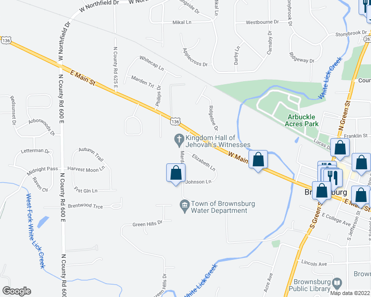 map of restaurants, bars, coffee shops, grocery stores, and more near 488 Elizabeth Lane in Brownsburg
