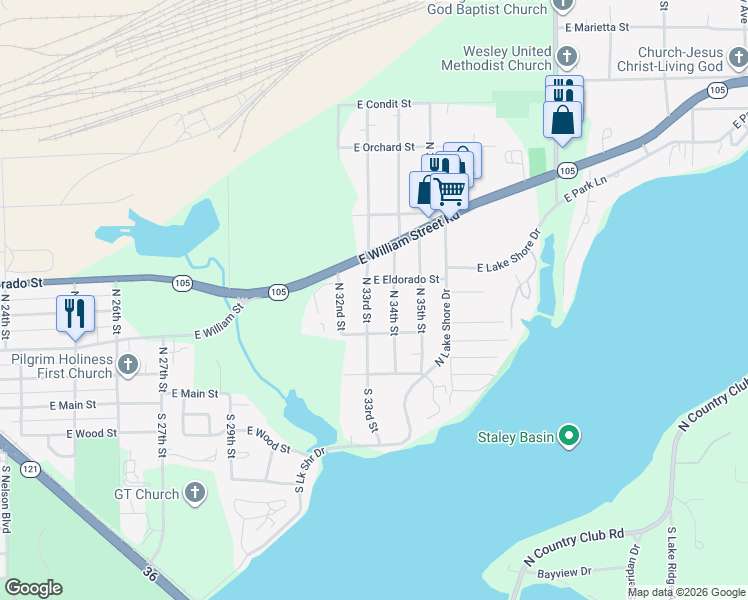 map of restaurants, bars, coffee shops, grocery stores, and more near 301-499 North 34th Street in Decatur