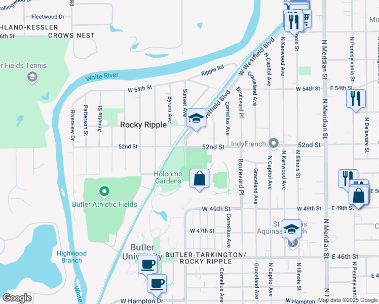 map of restaurants, bars, coffee shops, grocery stores, and more near 555 West 52nd Street in Indianapolis