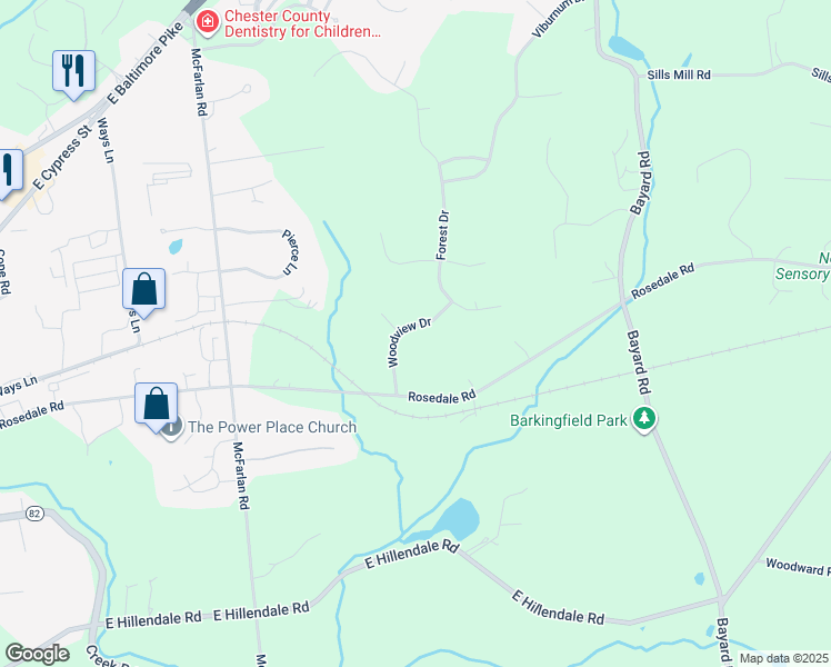map of restaurants, bars, coffee shops, grocery stores, and more near 100 Woodview Drive in Kennett Square