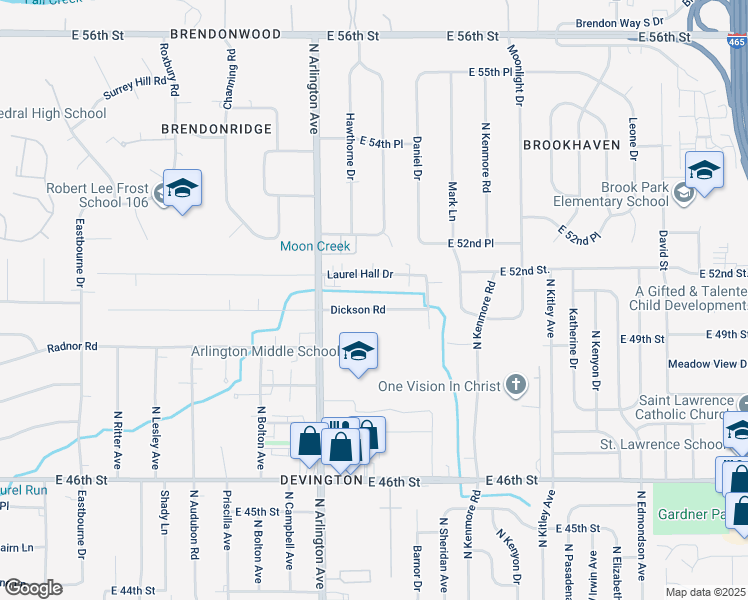 map of restaurants, bars, coffee shops, grocery stores, and more near 6058 Dickson Road in Indianapolis