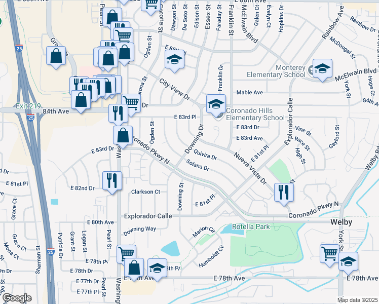 map of restaurants, bars, coffee shops, grocery stores, and more near 1302 Quivira Drive in Denver