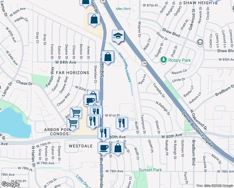 map of restaurants, bars, coffee shops, grocery stores, and more near 8202 Sheridan Boulevard in Westminster