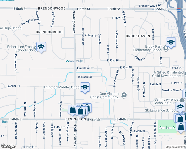map of restaurants, bars, coffee shops, grocery stores, and more near 6058 Dickson Road in Indianapolis