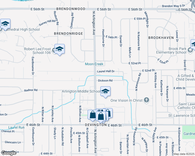 map of restaurants, bars, coffee shops, grocery stores, and more near 6028 Dickson Road in Indianapolis