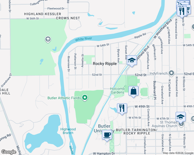 map of restaurants, bars, coffee shops, grocery stores, and more near 5125 Crown Street in Indianapolis