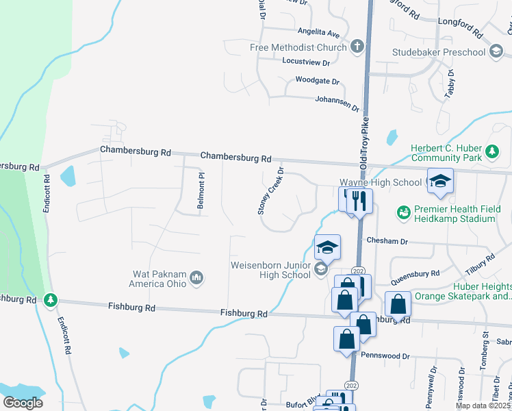 map of restaurants, bars, coffee shops, grocery stores, and more near 6385 Stoney Creek Drive in Dayton