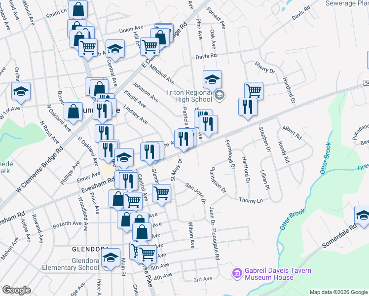 map of restaurants, bars, coffee shops, grocery stores, and more near 139 East Evesham Road in Runnemede