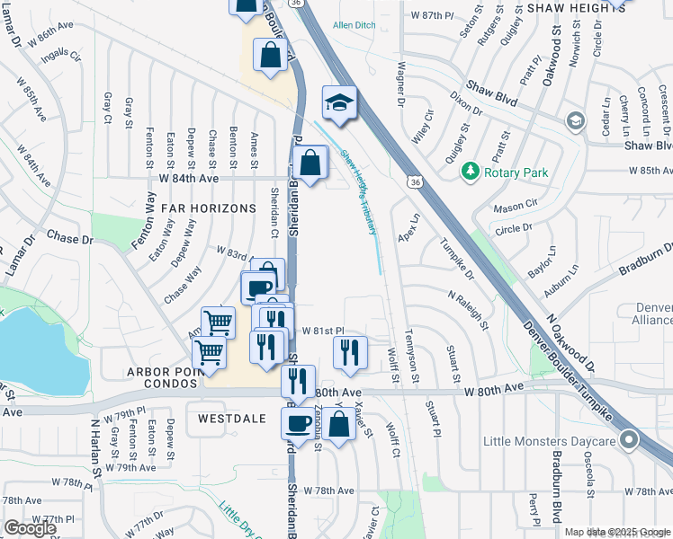 map of restaurants, bars, coffee shops, grocery stores, and more near 8202 Sheridan Boulevard in Westminster