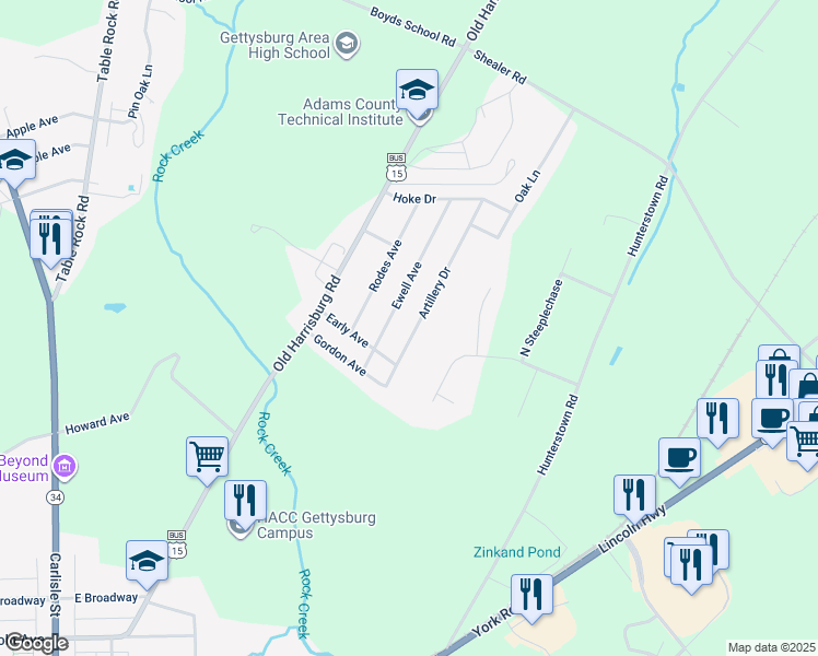 map of restaurants, bars, coffee shops, grocery stores, and more near 115 Artillery Drive in Gettysburg