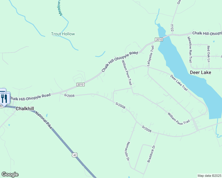 map of restaurants, bars, coffee shops, grocery stores, and more near 213-218 Chestnut Lane in Fayette