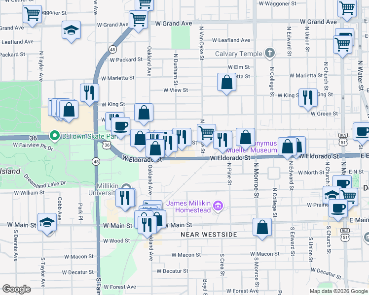map of restaurants, bars, coffee shops, grocery stores, and more near 962 W Eldorado St in Decatur